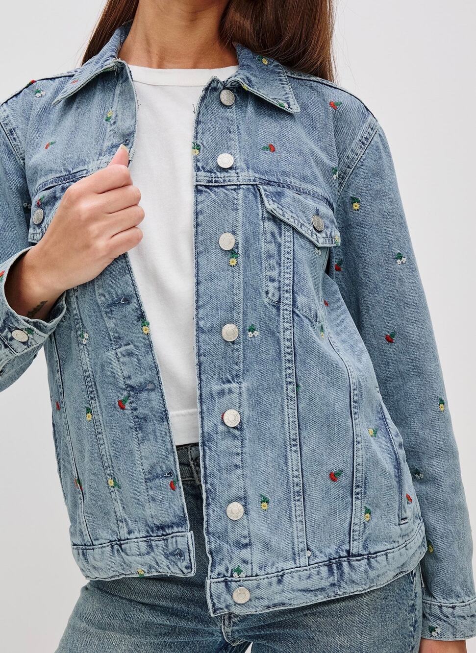 Rails Denim Embroidered Floral Trucker Jacket Light Wash Cotton Women's Size S